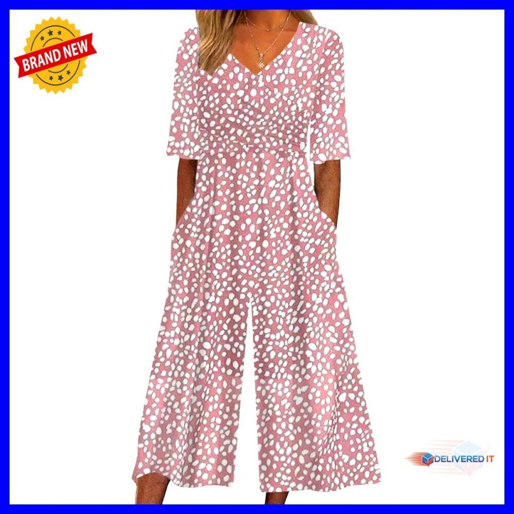 Floral Print Jumpsuit V Neck Short Sleeve Wide Leg Pants with Pockets Summer